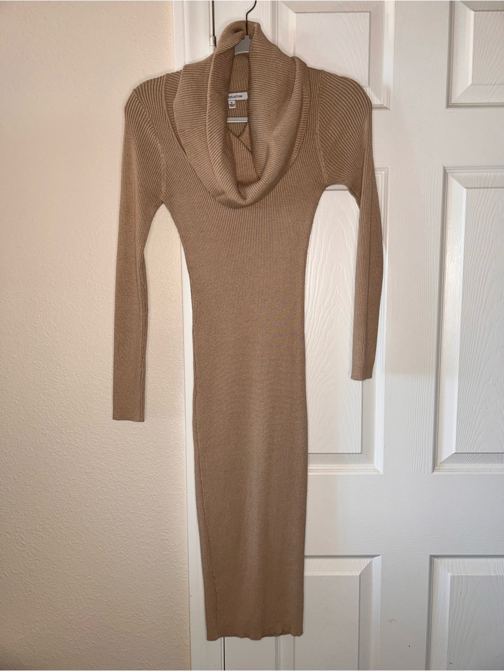 Hera Collection Camel Ribbed Cowl Neck Sweater Dress